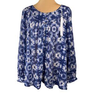 New Beach Lunch Lounge Penelope Top Blouse Blue White Size XL Long Sleeve